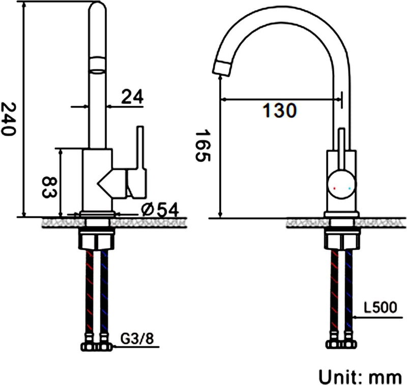 Wastafelarmatuur 360° draaibaar met uitloop hoogte 24,5 cm, waterkraan badkamer van 304 roestvrij staal mat oppervlak wastafel armaturen kraan keuken