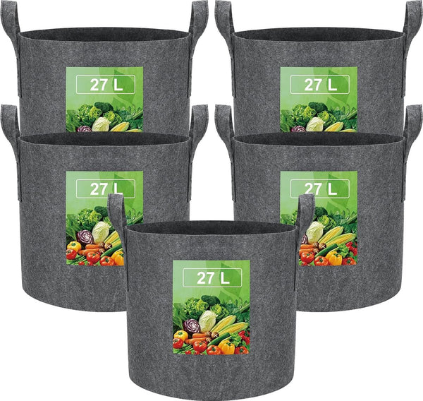 27 l stoffen plantenzak aardappelzak met handvat, herbruikbare plantenzak voor het kweken van aardappelen, tomaten, groenten, bloemen, verdikte en geventileerde tuinpot, 5 stuks, grijs