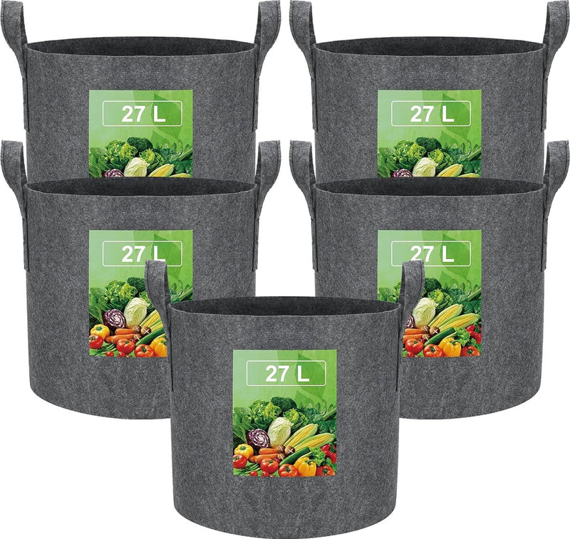 27 l stoffen plantenzak aardappelzak met handvat, herbruikbare plantenzak voor het kweken van aardappelen, tomaten, groenten, bloemen, verdikte en geventileerde tuinpot, 5 stuks, grijs