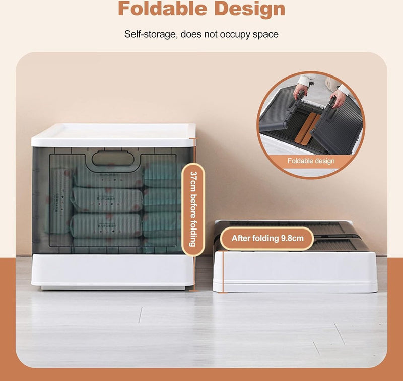 Opvouwbare kunststof opbergdoos, opbergdoos met deksel en wielen, dubbele opening, stapelbare opbergdoos, transparant, voor kantoor, kinderkamer, keuken en woonkamer