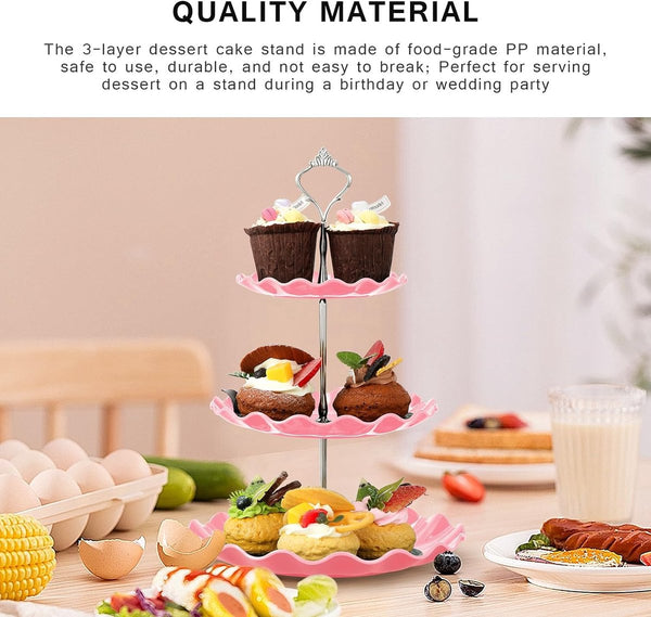 2 stuks 3 etages, cupcake-standaard, dessertstandaard, herbruikbare gebarenstandaard, taartstandaard voor bruiloft, verjaardag, theefeest, roze
