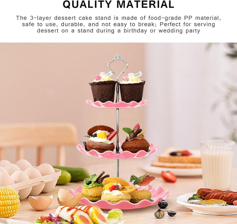 2 stuks 3 etages, cupcake-standaard, dessertstandaard, herbruikbare gebarenstandaard, taartstandaard voor bruiloft, verjaardag, theefeest, roze