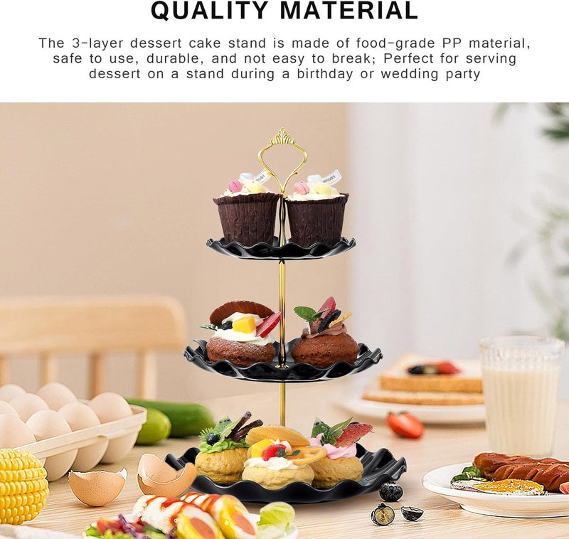 2 stuks 3 etages, cupcake-standaard, dessertstandaard, herbruikbare gebarenstandaard, taartstandaard voor bruiloft, verjaardag, theefeest (zwart en wit)