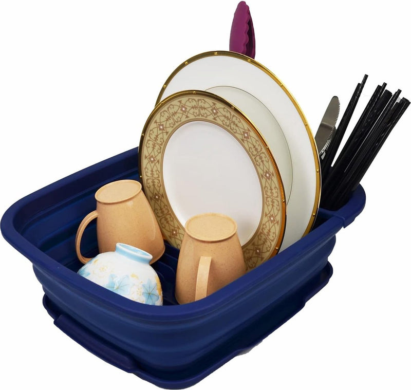 Opvouwbare plastic afdruiprek met afdruiprek, 8L opvouwbare afdruiprekset - draagbare schotelorganizer - ruimtebesparend keukenrek (koningsblauw, 1)