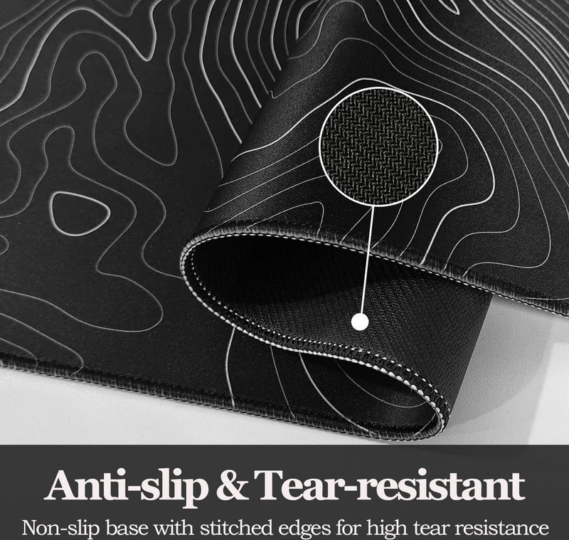 Muismat Zwart Minimalistisch Topografische Kaarten Bureau-onderlegger, wasbare muismat XXL Gaming met gestikte randen voor toetsenbord, pc-muis en laptop 800x350mm