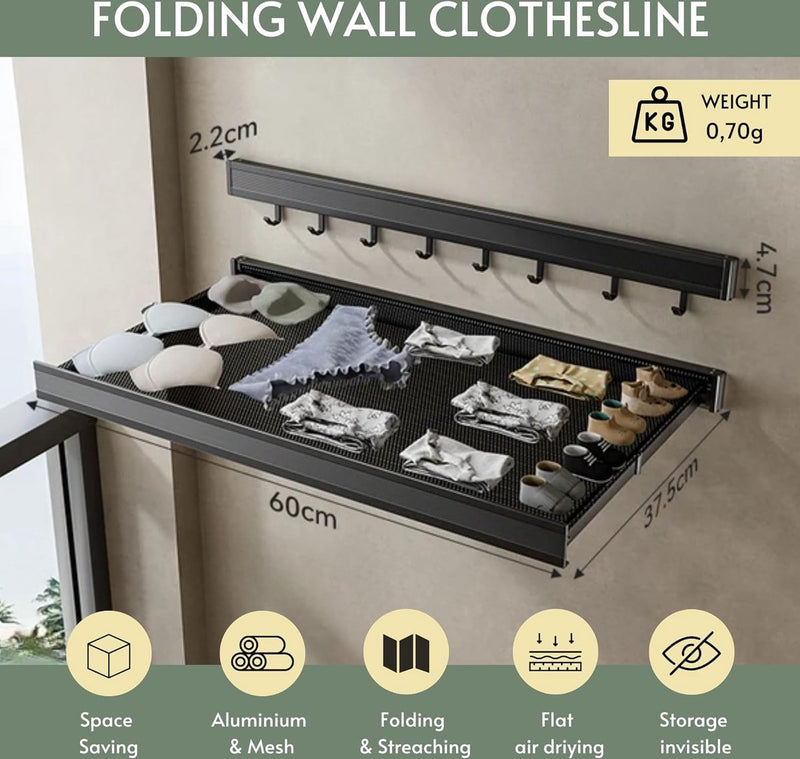 Wandgemonteerde waslijn, opvouwbare waslijn met intrekbaar droogrek voor terras, slaapkamer, keuken, compact aluminium. 60x4,7x2,2cm