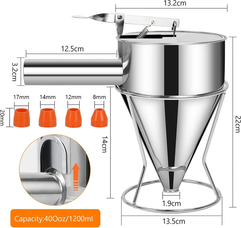 Pannenkoekendeegdispenser, 1,2 l, deegportioneerder, roestvrij staal, met deksel, roestvrijstalen trechter met standaard en 4 trechtermondingen, deeg-keukentrechter voor cake, pannenkoeken,