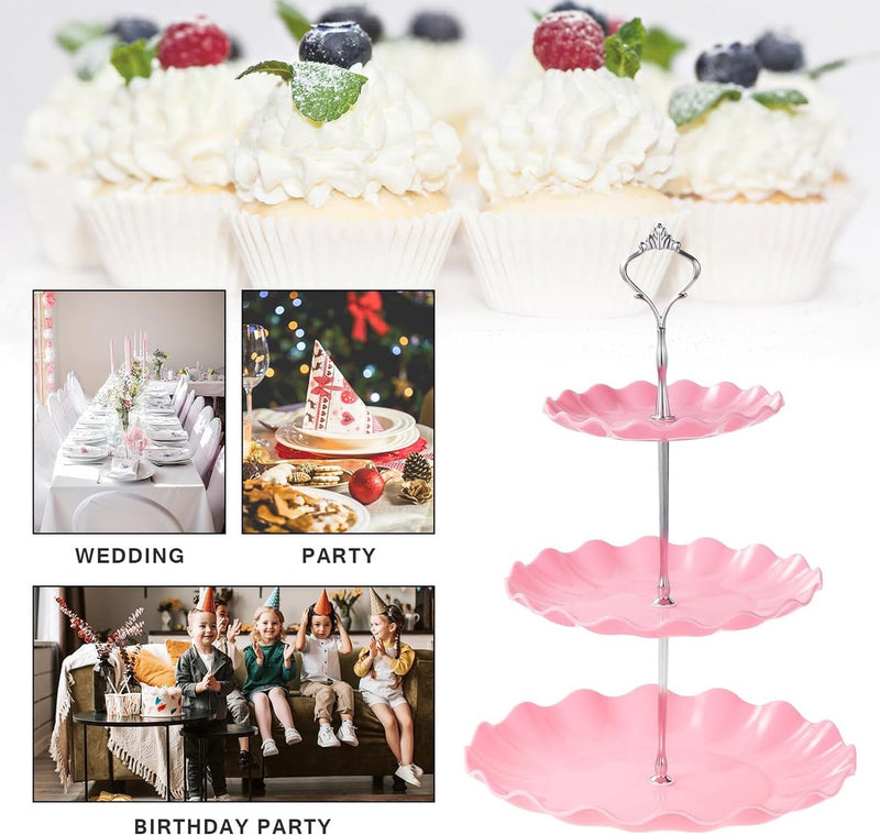 2 stuks 3 etages, cupcake-standaard, dessertstandaard, herbruikbare gebarenstandaard, taartstandaard voor bruiloft, verjaardag, theefeest, roze