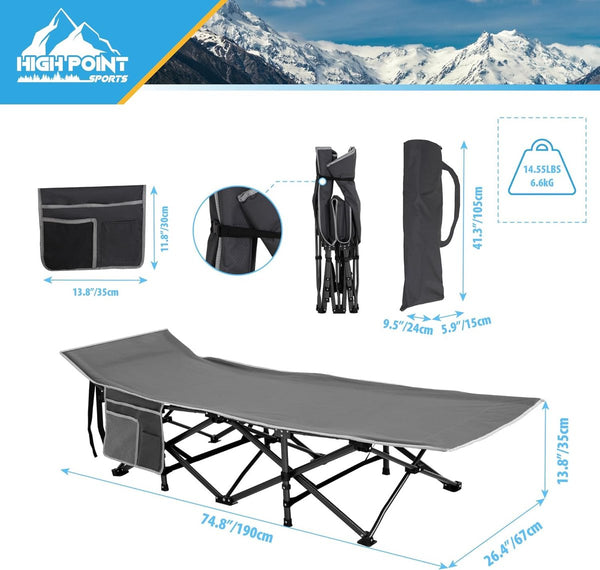 Veldbed, inklapbaar, 190 x 67 x 35 cm, campingbed XXL tot 270 kg, stabiele campingstoel, opvouwbaar, licht, voor volwassenen, campingbed met draagtas en zijvak