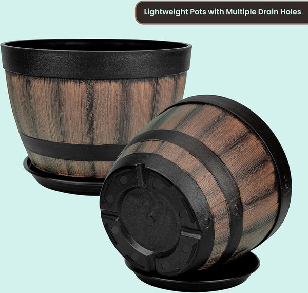 Set van 2 bloempotten van kunststof, voor binnen en buiten, diameter 22,5 cm, plantenpotset met drainagegaten en schoteltjes, plantenpot in houtlook