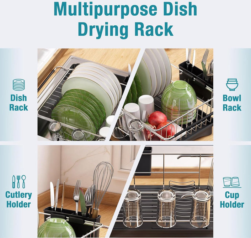 afdruiprek voor gootsteen - dubbel gebruik voor werkbladen en gootstenen, afdruiprek voor gootsteen, afdruiprek boven de gootsteen met afdruiprek, keukengerei en bekerhouder, zwart