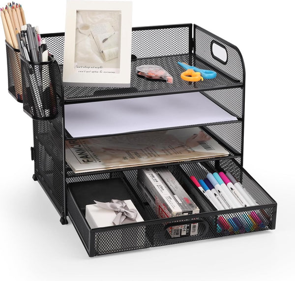 Mesh Brievenbak Organisator, Bureau Nette Organisator Bestand Documenthouder A4 Papieren Archiefladen voor Thuiskantoor School (Mesh Metal 4 Tier + Lade + Penhouder)