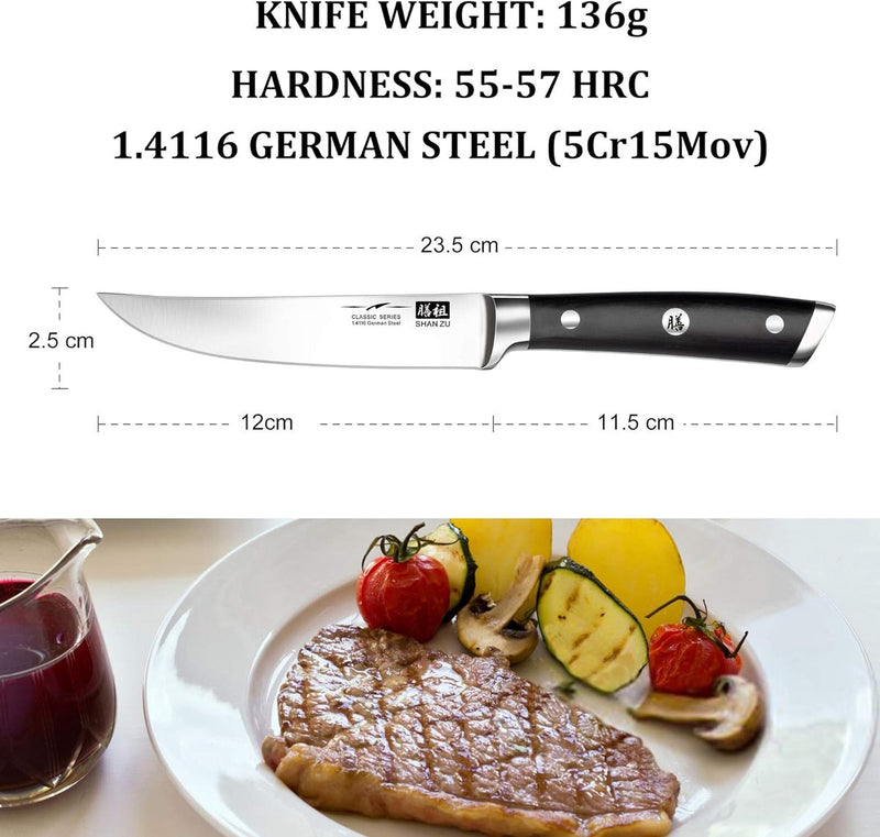 Steakbestek, 4-delig, steakvork, steakmes, roestvrij staal, gepolijst, lemmeten voor thuis en restaurant, geschenkverpakking, Duits roestvrij staal steakbestek 4-delig, 12 cm