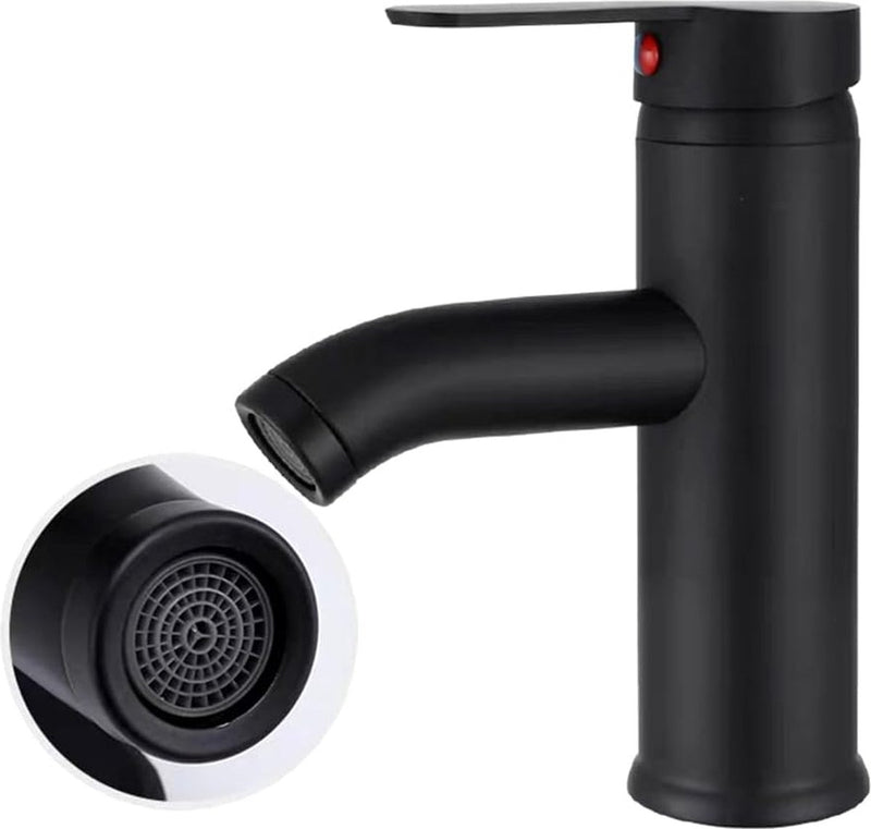 Badkamerwastafelkraan, zwart, eengreepskraan, badkamer, warm en koud water wastafelbatterij, roestvrijstalen kraan met toevoerslang, voor badkamer en wastafel op aanrecht, eenvoudige installatie