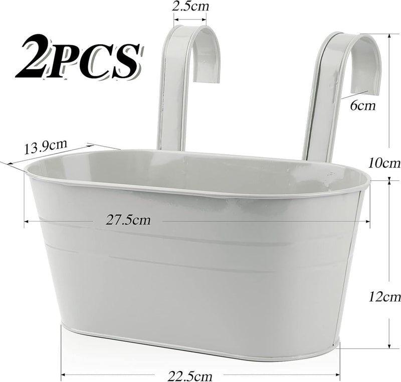 2 stuks hangende metalen bloempot met haken, voor balkon, bloempot, hangend, voor decoratie, balkon, tuin, muur, binnen en buiten, grijs