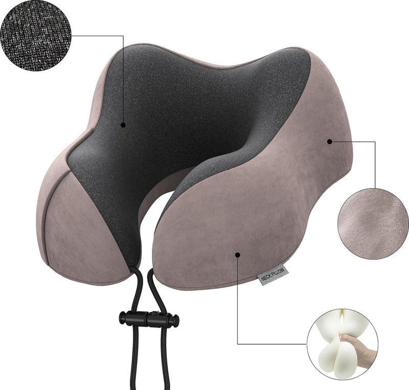 Nekkussen in het vliegtuig, reiskussen van traagschuim met fluweelzachte overtrek, voor volwassenen, voor reizen, camping, kantoor en huis (lichtroze)