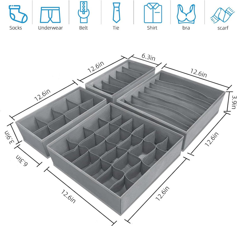 Ondergoedorganizer, set van 4, opvouwbare kledingkastorganizer, lade-opbergsysteem voor sokken, stropdassen, beha's en babykleding, grijs