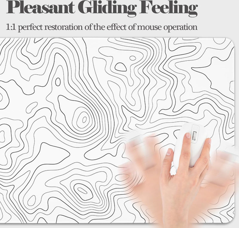 Muismat voor gaming, XXL, wit, minimalistische topografische kaarten, bureauonderlegger, muismat met rubberen antislip, verbeterde precisie en snelheid, muismat voor kantoor, thuis, 800 x 350 mm