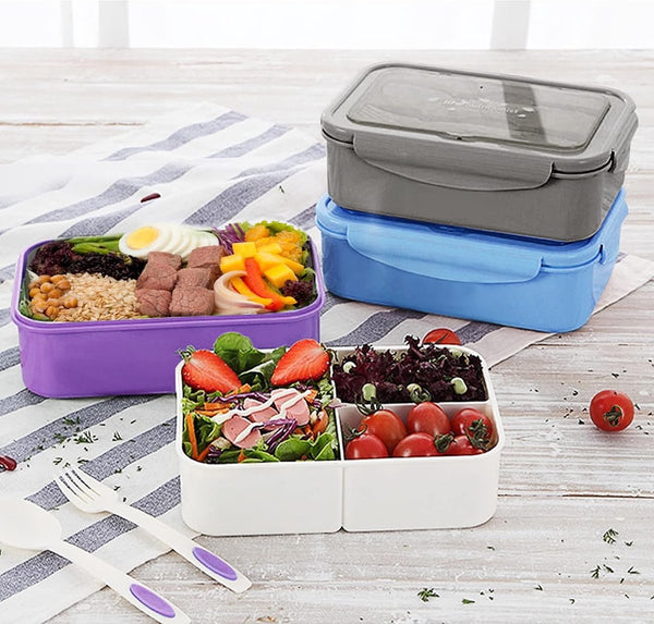 Lunchtrommel, bento box, broodtrommel met 3 vakken en bestek, lekvrij, broodtrommel, koelkast, vaatwasmachinebestendig, magnetronbestendig, broodtrommels voor school, werk, picknick, reizen (blauw)