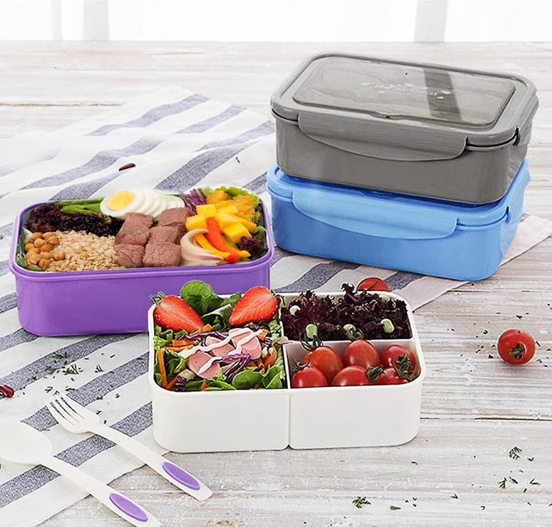 Lunchtrommel, bento box, broodtrommel met 3 vakken en bestek, lekvrij, broodtrommel, koelkast, vaatwasmachinebestendig, magnetronbestendig, broodtrommels voor school, werk, picknick, reizen (blauw)