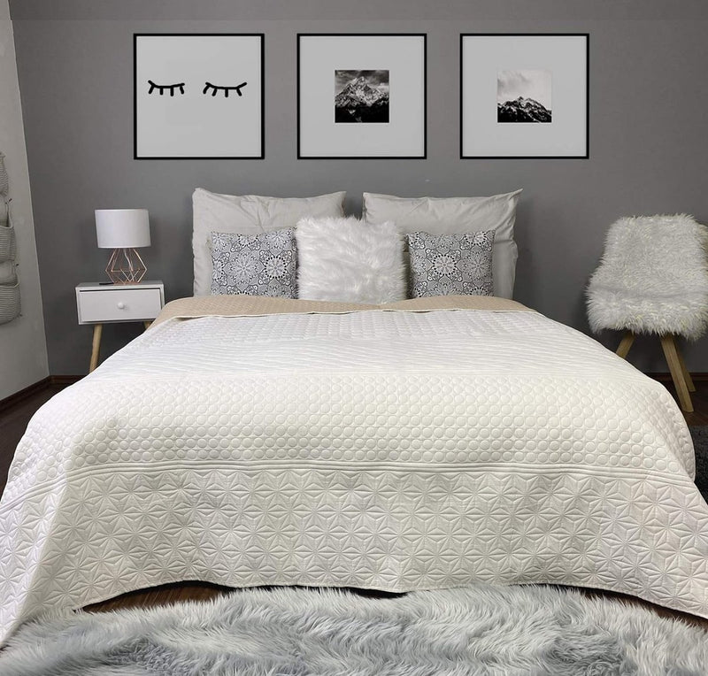 Sprei, bedsprei, sofaplaid, dagdeken, XXL-deken, 240 x 260 cm, ecru/beige patroon