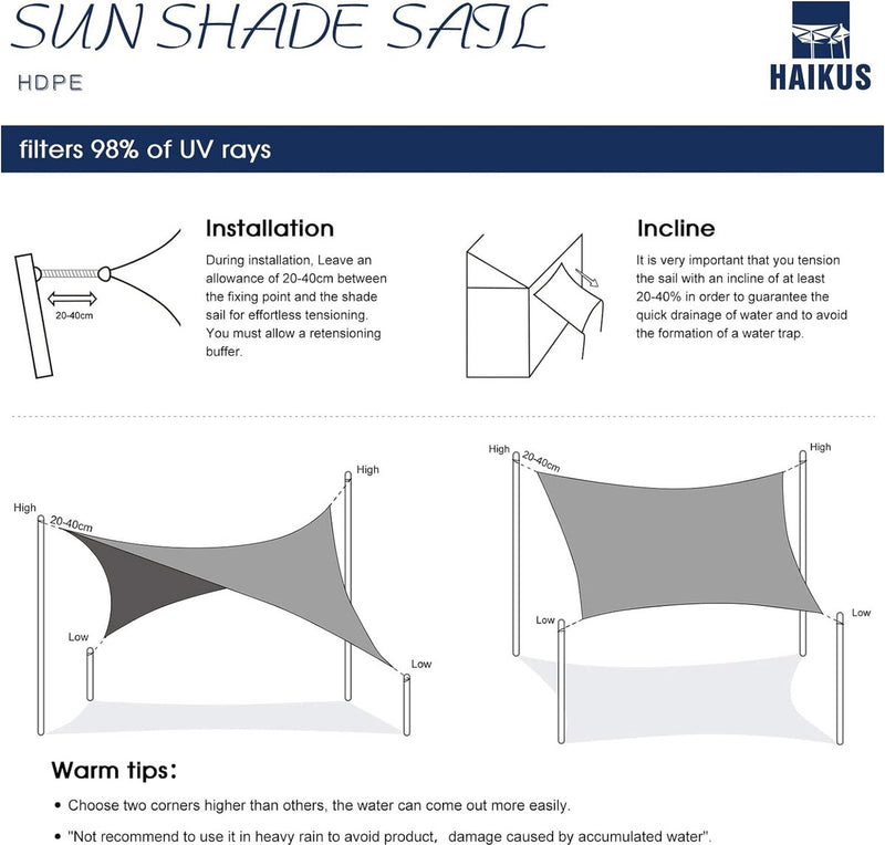 Zonnezeil, 3 x 4 cm, rechthoekig, premium HDPE, wit, waterdoorlatend, zonwering, vierkant, voor tuin, balkon en terras, met inslagringen en bevestigingskoorden, rechthoekig, 3 x 4 m, wit