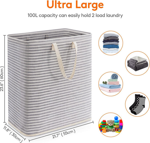 100 l wasmand rechtop, opvouwbare waterdichte grote wasmand met gemakkelijk te dragen verlengde handgrepen voor kleding, handdoeken, speelgoed, grijs, 2 verpakkingen