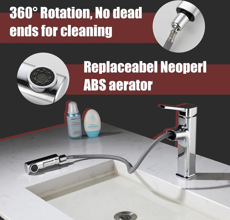 Wastafelkraan met uittrekbare douche, kraan badkamer met 2 waterstraalsoorten, eengreepsmengkraan kraan van verchroomd messing gepolijst voor badkamer wastafel
