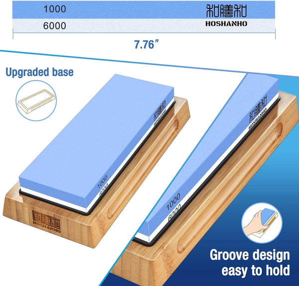 Slijpsteen mes [verbrede grootte], korrel 1000/6000 slijpsteen wetsteen professioneel 2-in-1 dubbelzijdig met aflijnsteen en hoekgeleiding, blauw/wit