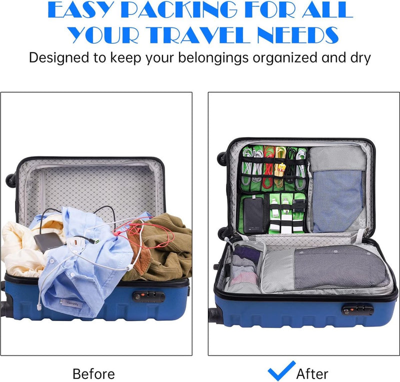 Kledingtassenset 7 kofferorganizerset, verpakkingsblokjes compressie, kofferorganisator voor op reis, verpakkingsblokjes rugzak, bagage-organizer met elektronische kabeloplader (grijs)