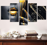 canvasdoek 5-delig wanddecoratie foto's, zwart goud vrouwen lippen canvas schilderij, moderne HD print canvas olieverfschilderij decor poster geen lijst (gouden lippen, L)