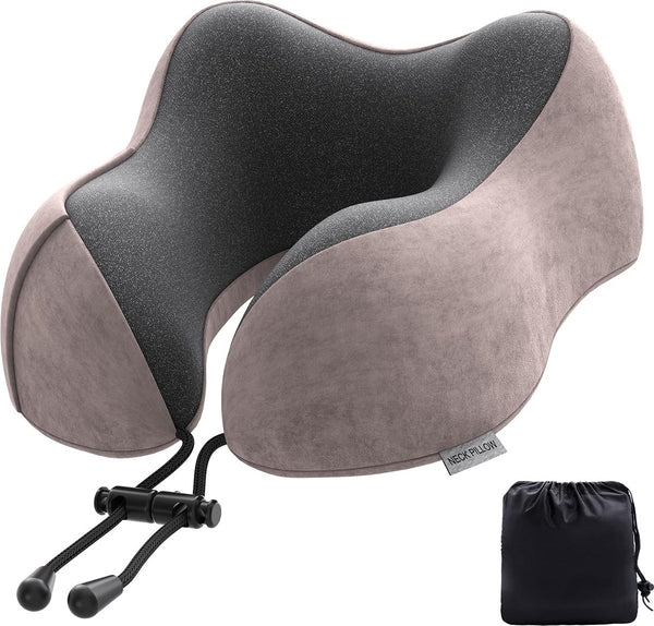 Nekkussen in het vliegtuig, reiskussen van traagschuim met fluweelzachte overtrek, voor volwassenen, voor reizen, camping, kantoor en huis (lichtroze)