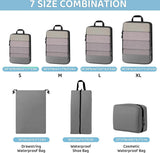 Kofferorganizer, set van 7 verpakkingsblokjes compressie kofferorganizer set verpakkingsblokjes compressie, ultralichte reisorganisator verpakkingstassen voor koffers met cosmetische tas, grijs