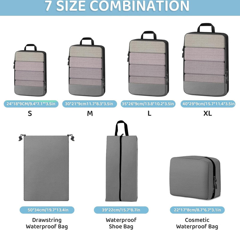 Kofferorganizer, set van 7 verpakkingsblokjes compressie kofferorganizer set verpakkingsblokjes compressie, ultralichte reisorganisator verpakkingstassen voor koffers met cosmetische tas, grijs