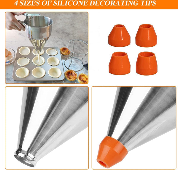 Pannenkoekendeegdispenser, 1,2 l, deegportioneerder, roestvrij staal, met deksel, roestvrijstalen trechter met standaard en 4 trechtermondingen, deeg-keukentrechter voor cake, pannenkoeken,