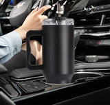 1200 ml koffiebeker om mee te nemen, dubbelwandige, roestvrijstalen vacuüm-isolatiebeker met handvat en rietje, autobeker, thermobeker, koffiebeker voor warme en koude dranken, zwart