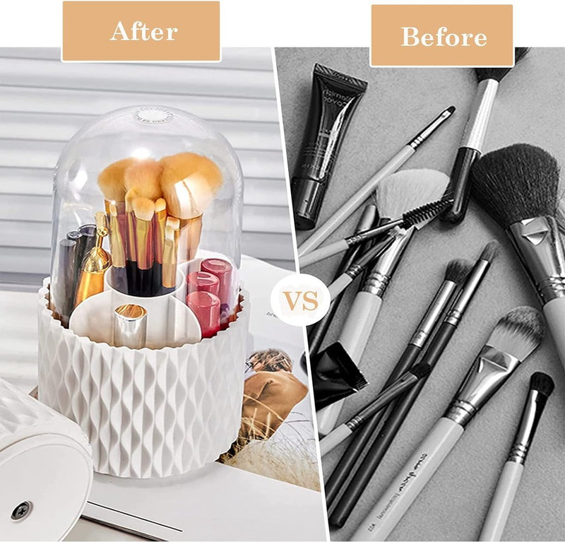 Cosmetica-make-uporganizer met stofdicht, stofdicht, 360 graden draaibare opslag met deksel, voor wastafel, badkamer, bureau, werkblad (wit)