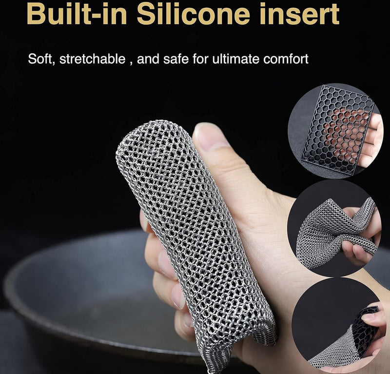 Gietijzeren reinigingsketting fijne ring 316 roestvrij staal schuursponsje - ingebouwde siliconen met gelaste ringen voor gietijzeren pot BBQ-servies