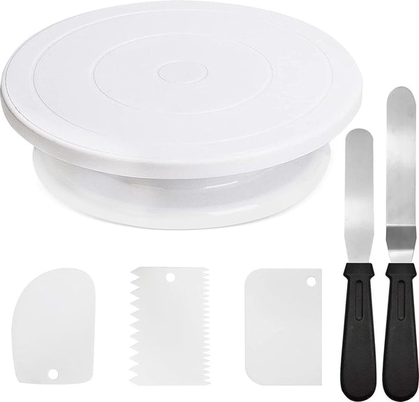 Roterende taartplaat, roterende taartplaat, breng 2 taartspatels en 3 taartschrapers mee, geschikt voor beginners en professionals, draaitafel taartplaat met voet (set van 6)