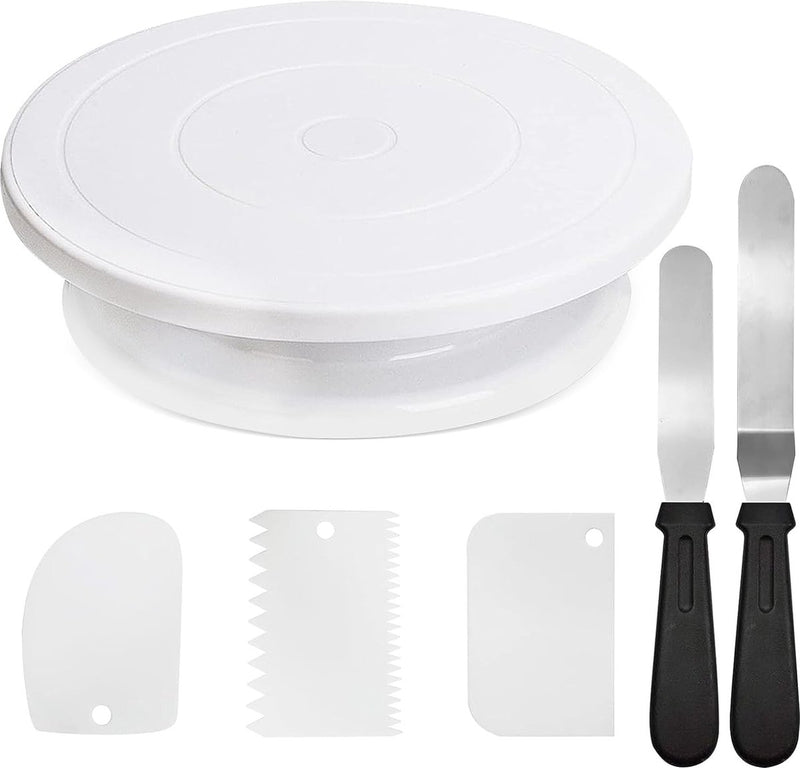 Roterende taartplaat, roterende taartplaat, breng 2 taartspatels en 3 taartschrapers mee, geschikt voor beginners en professionals, draaitafel taartplaat met voet (set van 6)