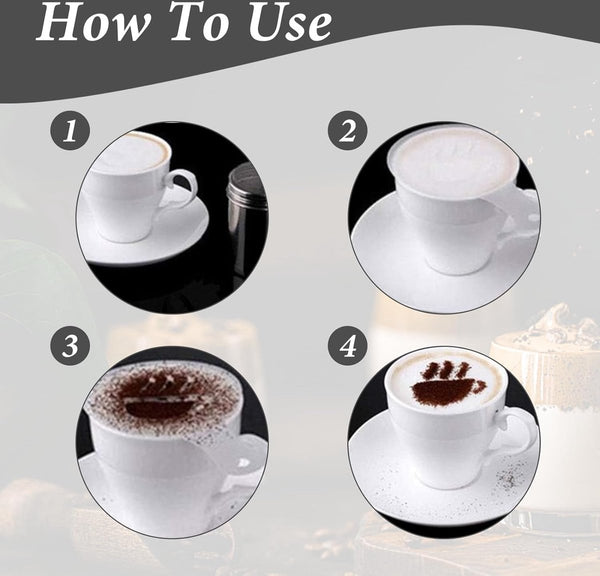 Icing Sugar Shaker Set - 2 cacao- en koffie-sjabloonshakers met 16 verschillende sjablonen, roestvrijstalen gaassjablonen voor chocolade, keuken, drankjes en bakken (2 maten)