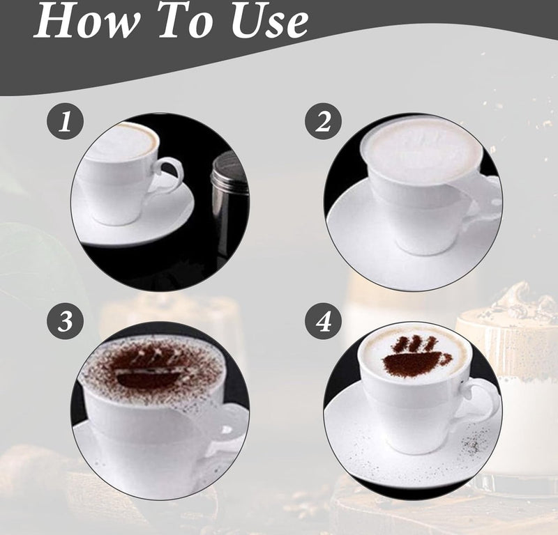 Icing Sugar Shaker Set - 2 cacao- en koffie-sjabloonshakers met 16 verschillende sjablonen, roestvrijstalen gaassjablonen voor chocolade, keuken, drankjes en bakken (2 maten)