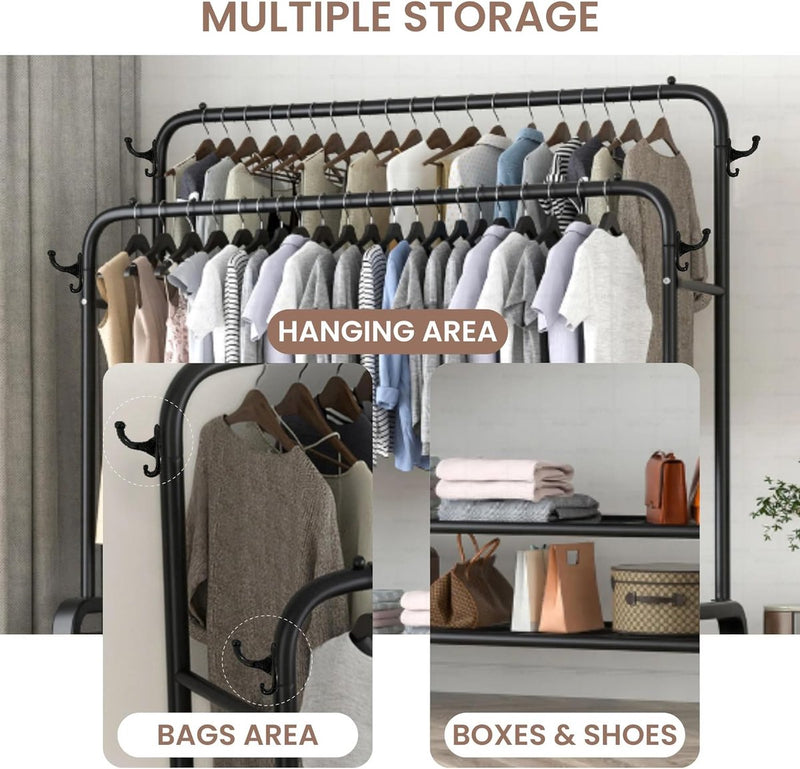 Kledingroede met 2 bovenstangen, 2 onderplanken en 4 kapstokhaken. Dubbele kapstok voor thuis, slaapkamer, woonkamer