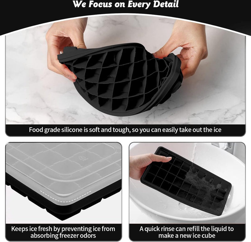 Siliconen ijsblokjeshouder van levensmiddelenkwaliteit, ijsblokjeshouder met deksel en container, BPA-vrij, 36 compartimenten, ijsblokjeshouder voor gekoelde dranken en whisky, met zwarte lepel