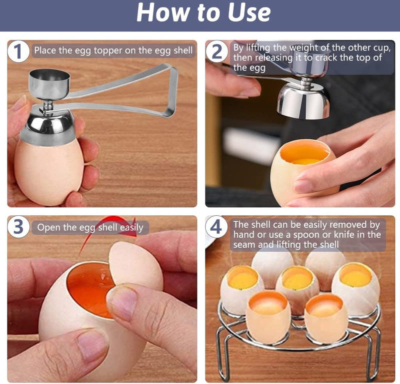 Set van 6 eierdopjes Grappige eierdopjesset Eieropener Eierdopjesset Eierstandaard Eierhouder met roestvrijstalen eieropener Eiersnijder Eierhopper Plastic scheidingsteken voor bakken, ontbijt, dessert