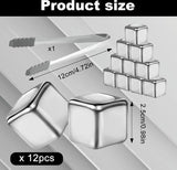 Roestvrij stalen ijsblokjes: 12 stuks whiskystenen ijsblokjes roestvrij staal met clips ijsblokjes herbruikbaar met high cooling-technologie herbruikbare metalen ijsblokjes voor whisky, wodka, wijn