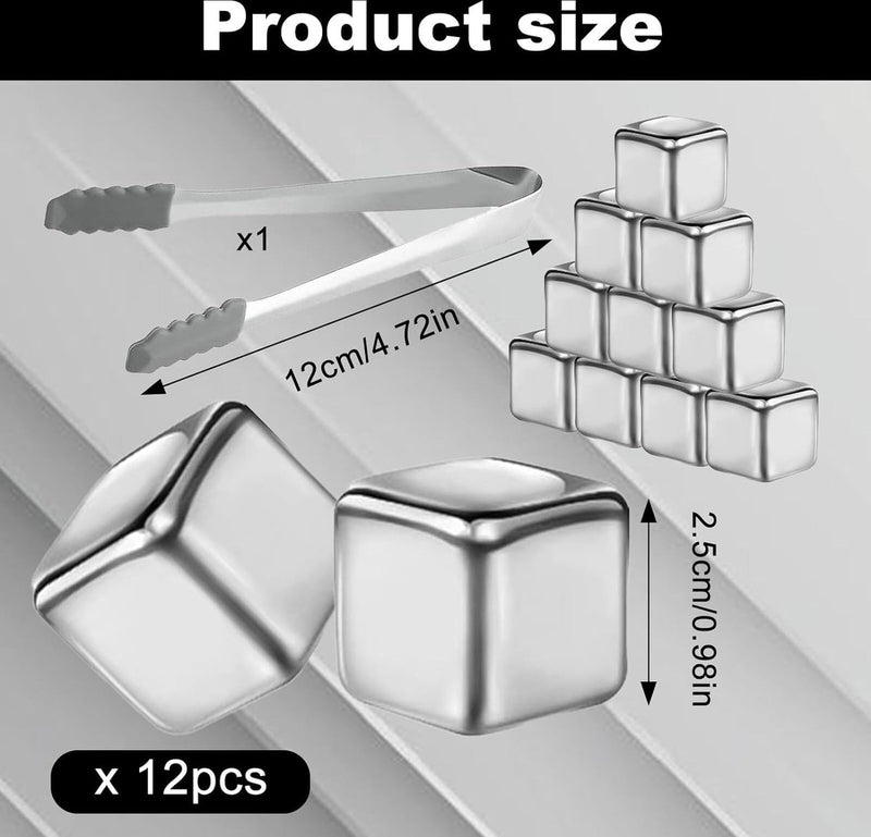 Roestvrij stalen ijsblokjes: 12 stuks whiskystenen ijsblokjes roestvrij staal met clips ijsblokjes herbruikbaar met high cooling-technologie herbruikbare metalen ijsblokjes voor whisky, wodka, wijn