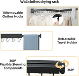 Intrekbare kledingdroger, wandmontage met handdoekenrek, ruimtebesparend opvouwbaar, sterk laadvermogen voor balkon, wasruimte, badkamer, terras en slaapkamer (zwart, 3X)