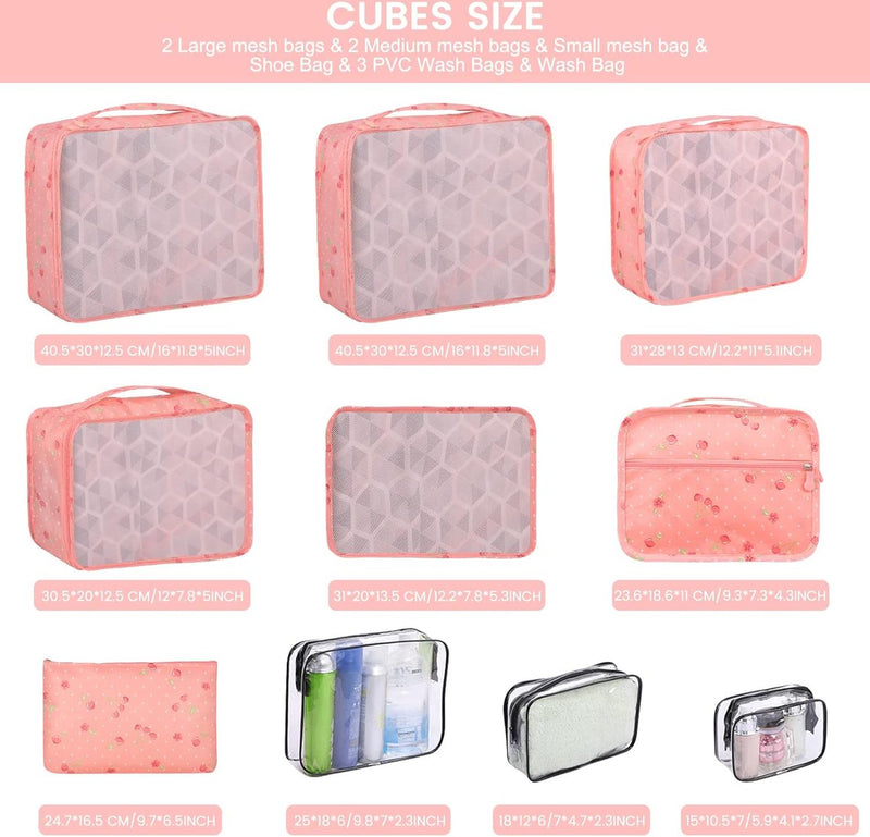 Kofferorganizer, 10 stuks, kofferorganizerset, waterdichte bagage-organizer, pakkubussen voor toiletartikelen, kleding, schoenen, cosmetica, lichtgewicht, bagage-organizer, roze kers