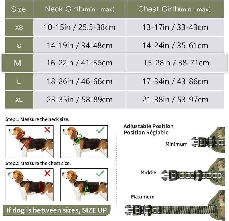 Hondenharnas, hondentuigje voor middelgrote honden, camouflage, gevoerd, No Pull harnas voor honden, met handvat, verstelbaar, reflecterend, camouflagegroen, M